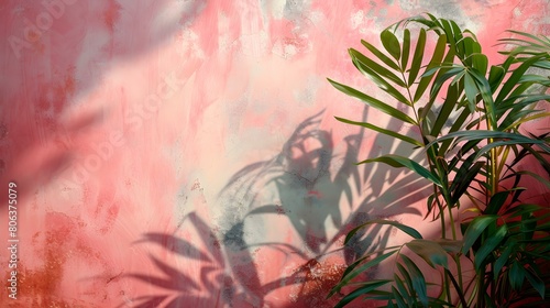 Shadows of Tropical Plants on a ruby Plaster Wall. Exotic Background for Product Presentation