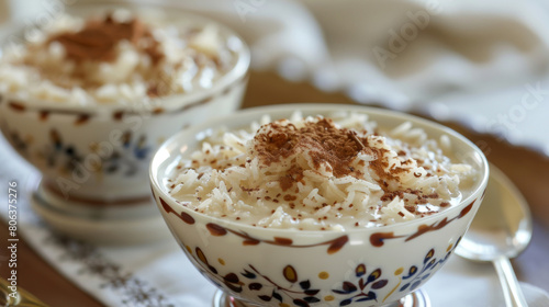 Close-up of creamy colombian arroz con leche, garnished with cinnamon, in decorative bowls, capturing the essence of latin american cuisine
