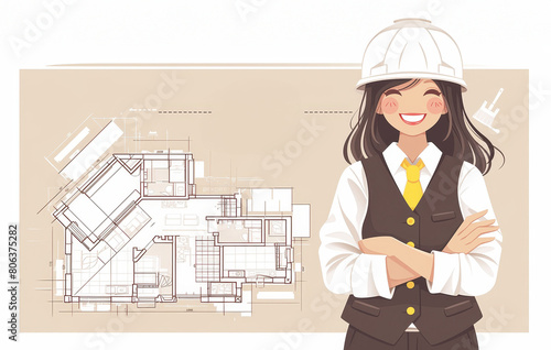 Confident female engineer or architect in hard hat standing with crossed arms next to large blueprint. Vector illustration in flat cartoon style.