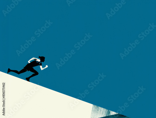 The image shows a man running on a cliff. The man is wearing a suit and tie. The cliff is very high and the man is running very fast. The man is about to jump off the cliff.
