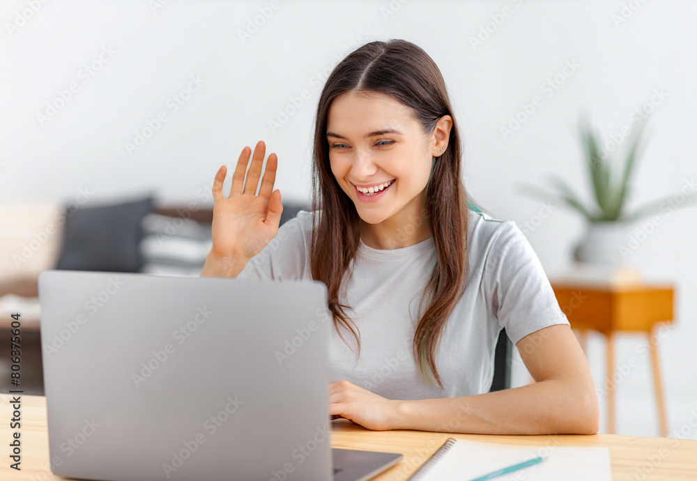 Online education Remote study woman uses laptop for teacher video call Online education Remote study woman uses laptop for teacher video call