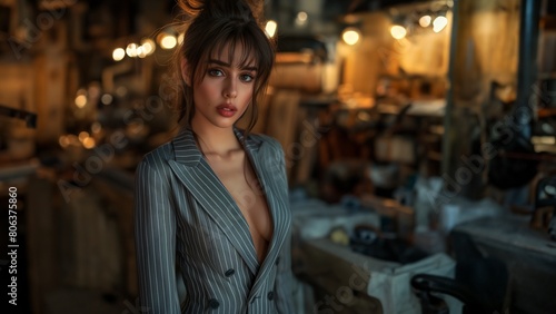 Hübsche Business Escort Dame im Anzug blickt sexy