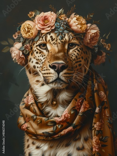 Vintage oil painting of a royal leopard portrait, with flowers on its head wrapped in silk, vivid colors, style of an oil painting, generated with AI