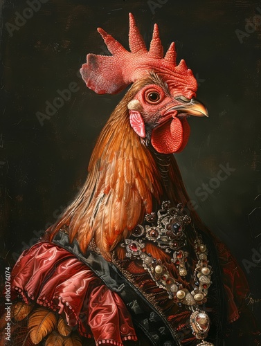 Vintage oil painting of a royal chicken portrait, vivid colors, moody, dark background, in the style of an oil painting , generated with ai