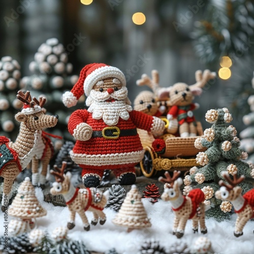 Festive crochet amigurumi Christmas scene with Santa, reindeer, and a sleigh on a snowy landscape