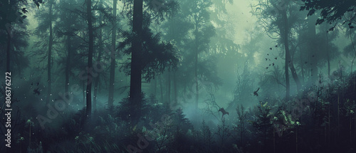 Serene forest blanketed in mist, tall trees reach for the sky, creatures hidden in shadows. photo