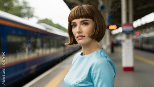 Elegant Professional Woman Waiting at Train Station in Chic Light-Blue Outfit