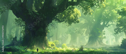 Enchanting misty forest filled with towering trees and mysterious hidden creatures lurking within.