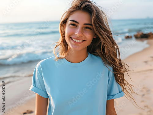 Front View Mockup of Woman Wearing Blue T-Shirt at the Beach, Fashion Apparel Display