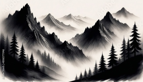 dark and mysterious a drawing of mountains and tre (1) photo