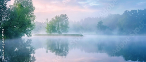 Peaceful lake at dawn  wrapped in mist with a serene and tranquil atmosphere around.