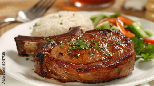 Delicious grilled pork chop with white rice, fresh salad, and herb garnish, reflecting colombian culinary heritage on a plate