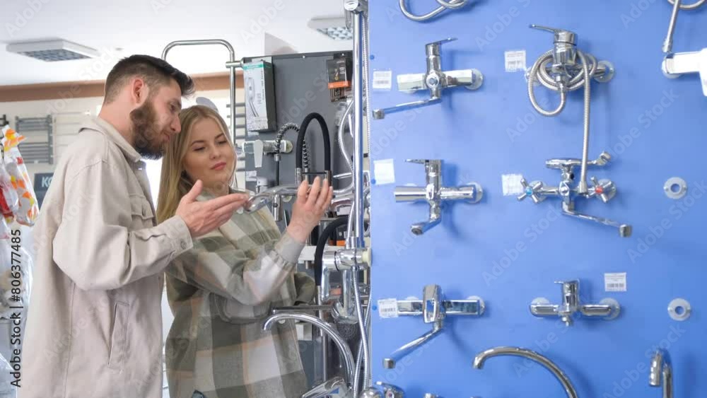 A man and a woman gesture at electric blue faucets in a building store A man and a woman gesture at electric blue faucets in a building store