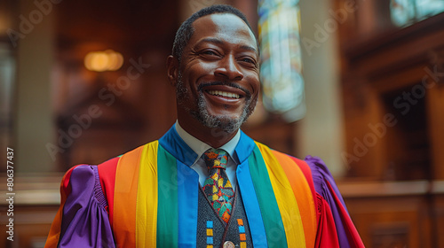 Portrait of a black male judge in a robe tailored from the vibrant colors of the LGBTQ flag. Concept of legal rights for the gay community. © Luluraschi
