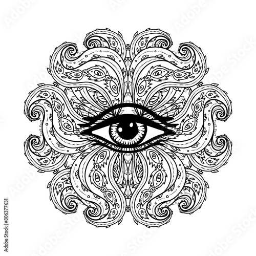 All seeing eye in ornate round mandala pattern. Mystic, alchemy, occult concept. Design for music cover, t-shirt , boho poster, flyer. Astrology, shamanism, religion. Coloring book pages for adults.
