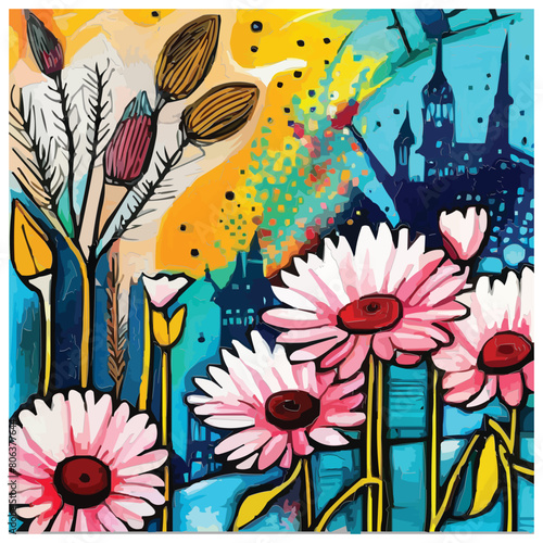 A mixed media painting of flowers digital art screen print wheat paste poster
