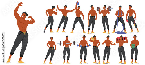 Happy, Muscular Bodybuilder Man Doing Exercises. Athlete Showcase Sculpted Physique Through Precise Poses, Vector Set