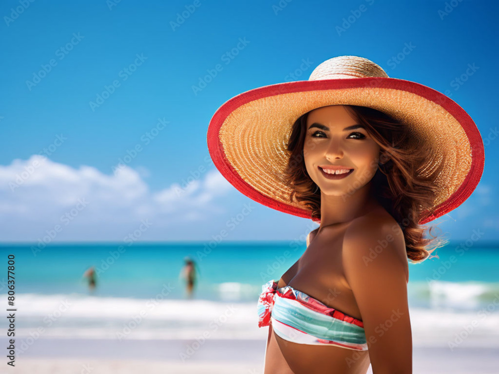 woman in hat on the beach, summer and relax