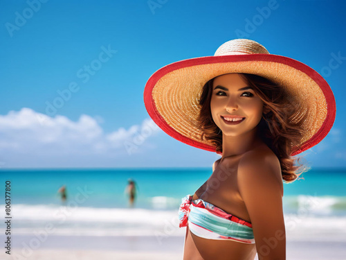 woman in hat on the beach, summer and relax