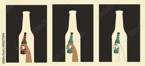 hand holding a beer bottle in a bottle shape. Alcohol and drink. vintage style. illustration for web, poster, invitation to beer party. Retro poster with hand and beer - Stock vector