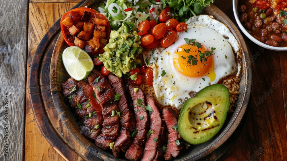 Authentic colombian bandeja paisa plated with juicy steak, fried eggs, avocado, beans, chicharron, and fresh vegetables, ready to savor