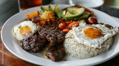 Delicious colombian bandeja paisa with grilled steak, rice, fried eggs, avocado, beans, chorizo, arepa, and plantains on a white plate