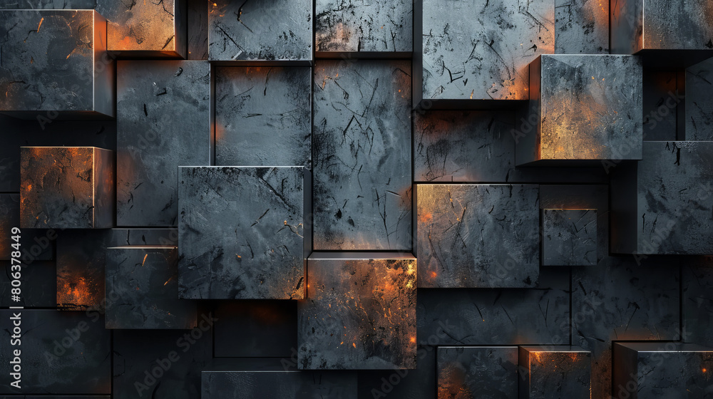 A wall of black cubes with orange accents A wall of black cubes with orange accents
