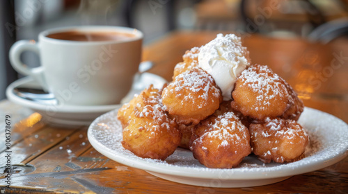 Authentic colombian buñuelos with powdered sugar served on a white plate with a cup of rich, hot chocolate on a wooden table photo