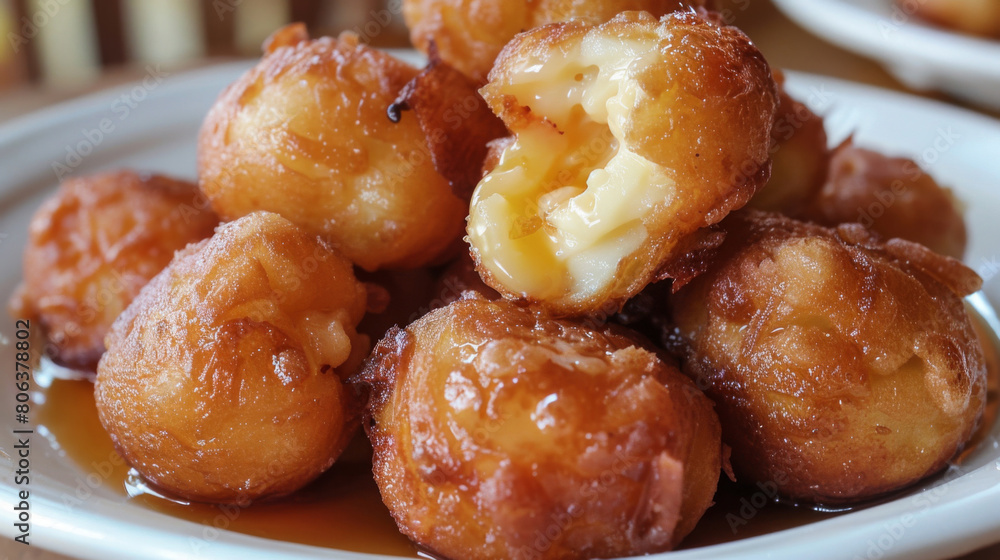 Close-up image of colombian buñuelos, delicious deep-fried cheese fritters, served on a plate with a sweet syrup drizzle