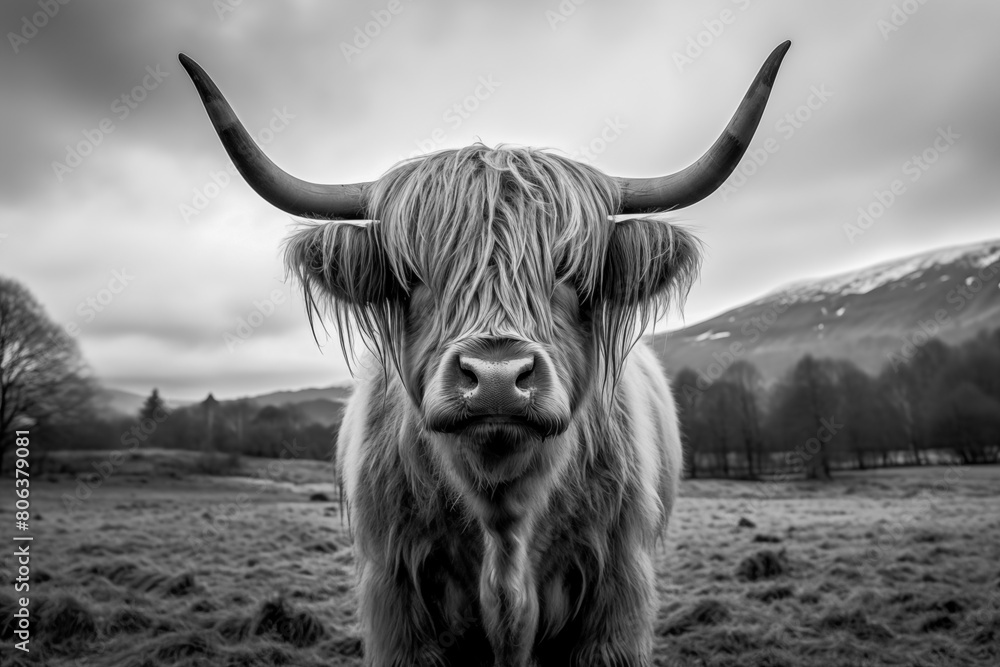 Black and white photography Scottish Highland cattle on the farm