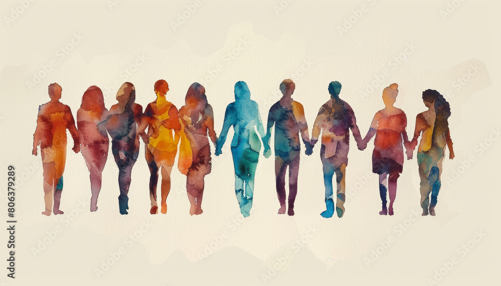 Fototapeta premium colorful watercolor illustration of diverse people holding hands, representing unity and diversity