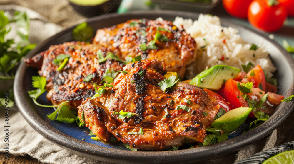 Delicious grilled chicken seasoned with herbs, served with white rice, fresh tomatoes, and avocados on a rustic table