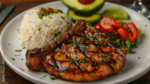 Grilled pork chop with white rice, avocado, and tomato on a white plate, topped with fresh herbs