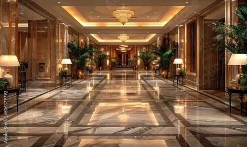 5-star hotel lobby with marble floor, crystal chandeliers, and lush plants. The lobby is spacious and luxurious, with a high ceiling and plenty of seating.