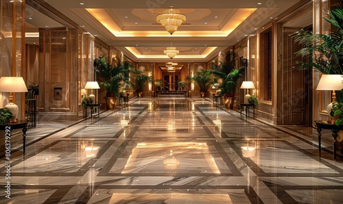 5-star hotel lobby with marble floor  crystal chandeliers  and lush plants. The lobby is spacious and luxurious  with a high ceiling and plenty of seating.