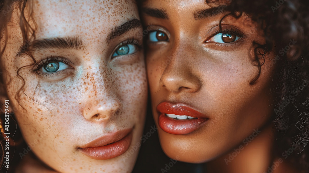 Close up portrait of two beautiful mixed race women with freckles looking at camera