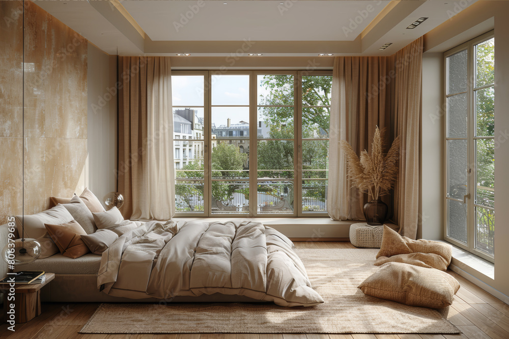 Minimalist bedroom with subdued colors and minimalist aesthetics. AI generated.