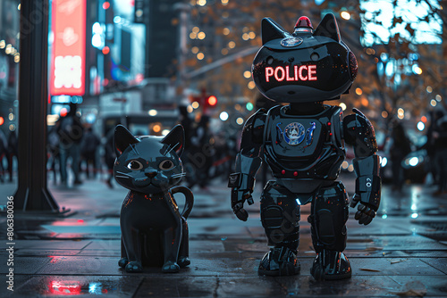 robot policeman patrols downtown alongside its robotic cat companion, rainy day, realistic photo photo