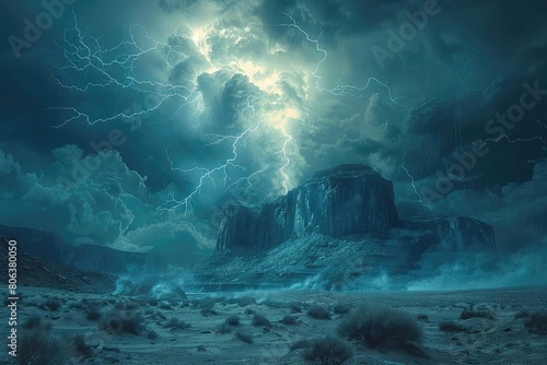 A lone butte stands in the middle of a vast desert. The sky is dark and stormy, and lightning strikes the butte.