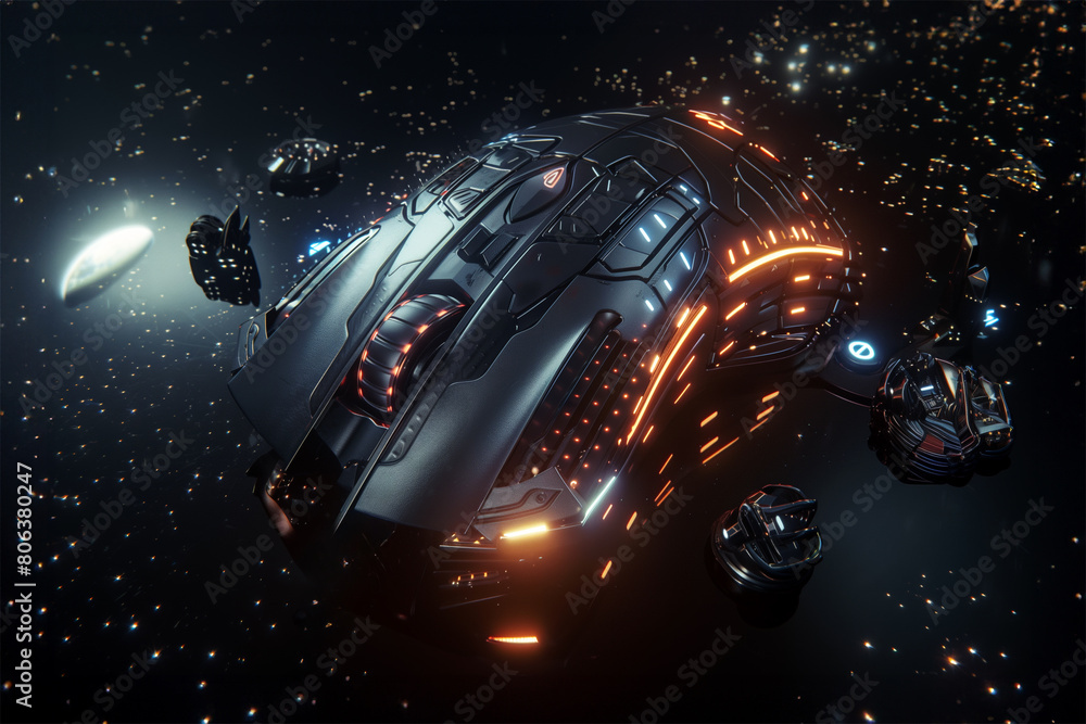 Futuristic spaceship shaped like a gaming mouse gliding through a starry space with escort drones. Science fiction, video games, gaming. Futuristic spaceship shaped like a gaming mouse gliding through a starry space with escort drones. Science fiction, video games, gaming.
