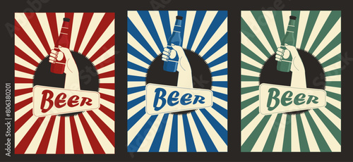 Retro poster with hand and beer bottle. Set of poster, red, green and blue. Alcohol and drink. vintage style. illustration for web, poster, invitation to beer party. Beverage theme - Stock vector