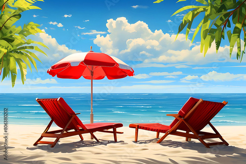 On a sunny day  two red beach chairs and an umbrella sit on a lovely white sand beach in front of the ocean.