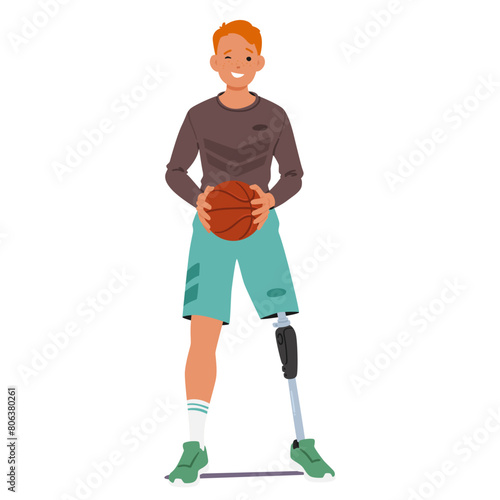 Young Athlete With A Prosthetic Leg Holds A Basketball, His Face Beaming With A Bright Smile. Disable Kid Character