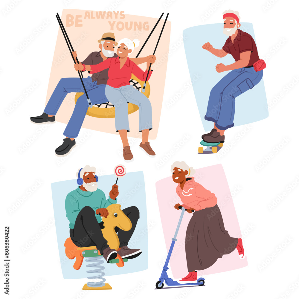 Seniors Embracing The Joy Of Childhood Vector Set. Elderly Couple On A Swing, Man Skateboarding, Woman On A Spring Horse Seniors Embracing The Joy Of Childhood Vector Set. Elderly Couple On A Swing, Man Skateboarding, Woman On A Spring Horse