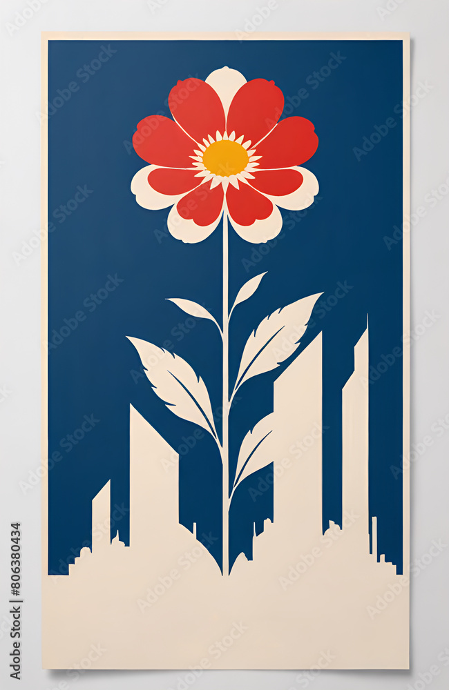 Obraz premium illustrazione di fiore con stelo e foglie in stile astratto contemporaneo