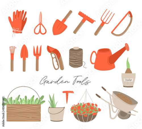 Gardening tools, equipments set in hand drawn style. Watering can, gloves, pruner, scissors, hedge, shears, fork, rake, wheelbarrow. Trendy doodle style. Flat vector illustration isolated