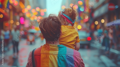 Father and daughter Walking Together in Gay Pride Parade, Back View © AISTEL