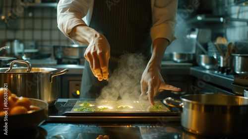 Close up of professional chef hands using tablet or innovation technology while cooking form recipe. Skilled cock wearing cook uniform while looking at food recipe. Futuristic cocking concept. AIG42.