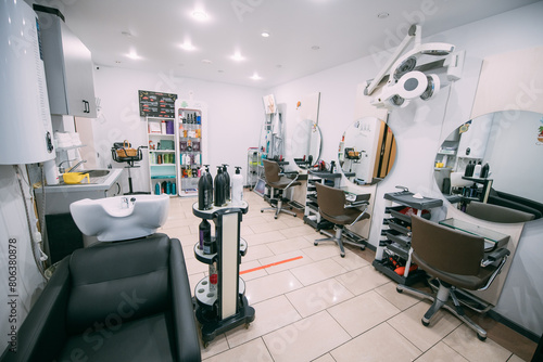 Modern interior of a hairdressing salon. Nobody. photo
