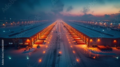 The photo shows an aerial view of a snowy airport runway at night